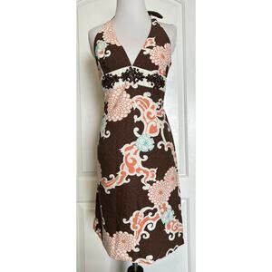 $175 TRINA TURK Brown Floral V-Neck Designer Knee Length Summer Dress Fitted 6